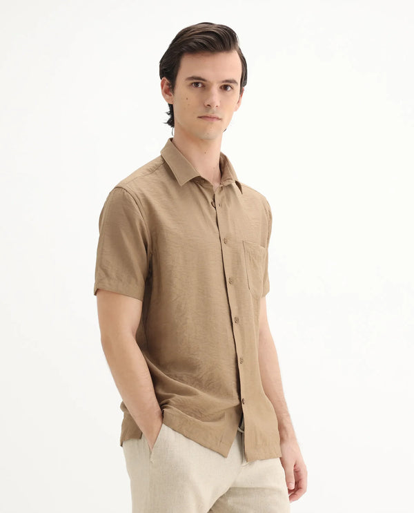 Rare Rabbit Men Torit Pastel Brown Viscose Blend Fabric Half Sleeve Spread Collar Button Closure Plain Shirt