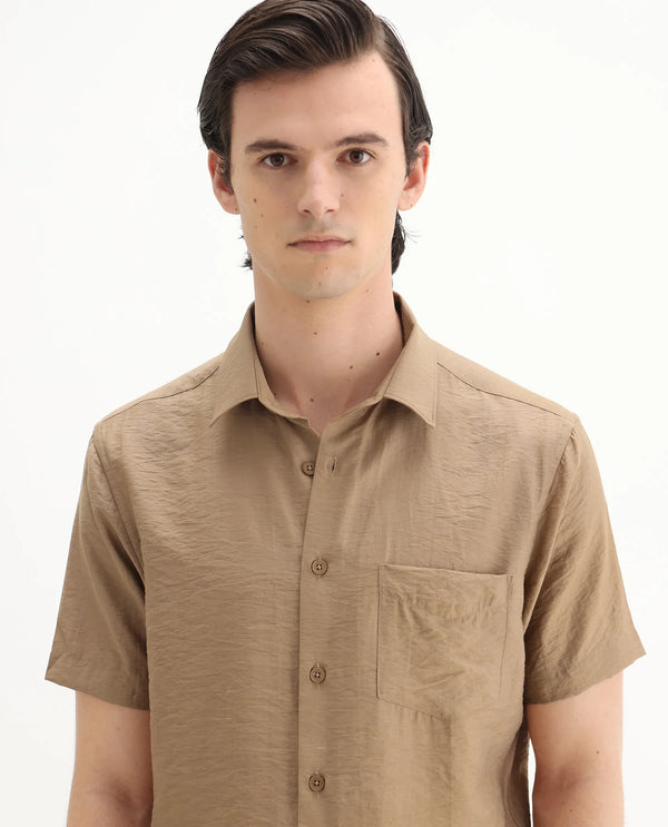 Rare Rabbit Men Torit Pastel Brown Viscose Blend Fabric Half Sleeve Spread Collar Button Closure Plain Shirt