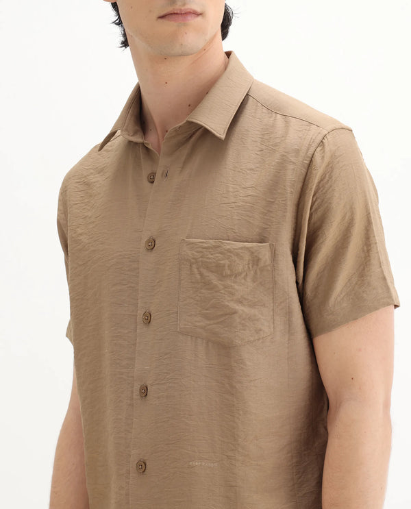 Rare Rabbit Men Torit Pastel Brown Viscose Blend Fabric Half Sleeve Spread Collar Button Closure Plain Shirt
