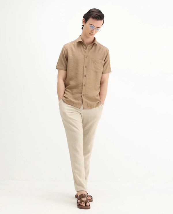 Rare Rabbit Men Torit Pastel Brown Viscose Blend Fabric Half Sleeve Spread Collar Button Closure Plain Shirt