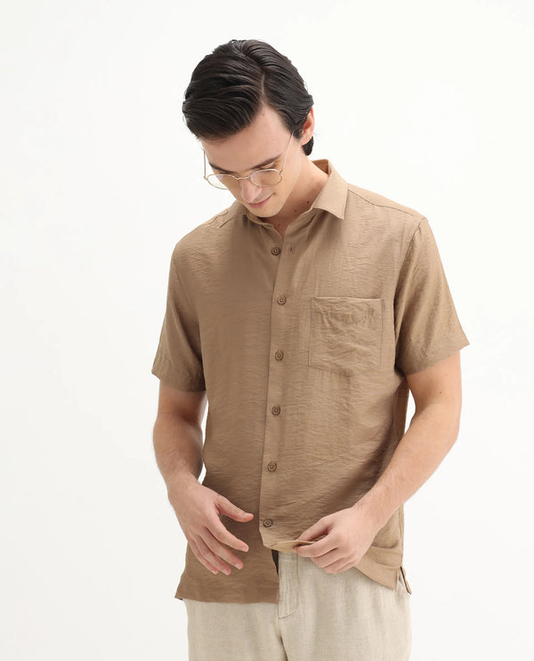 Rare Rabbit Men Torit Pastel Brown Viscose Blend Fabric Half Sleeve Spread Collar Button Closure Plain Shirt