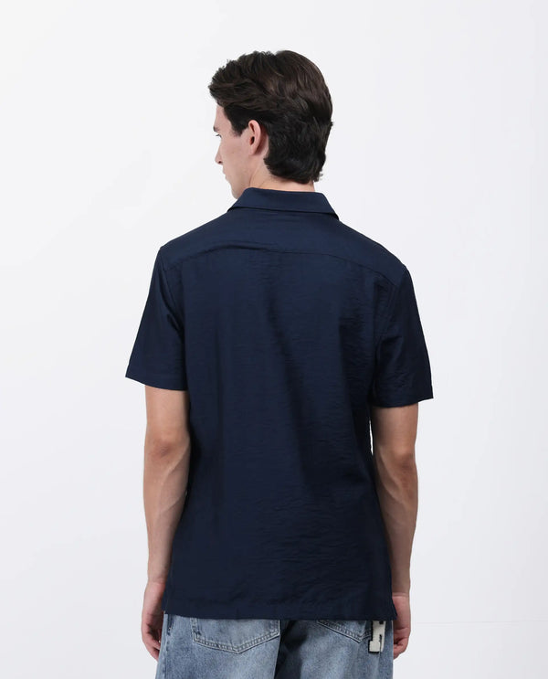 Rare Rabbit Men Torit Pastel Navy Viscose Blend Half Sleeve Spread Collar Button Closure Plain Shirt