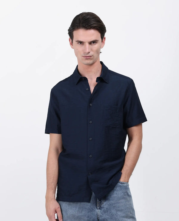 Rare Rabbit Men Torit Pastel Navy Viscose Blend Half Sleeve Spread Collar Button Closure Plain Shirt