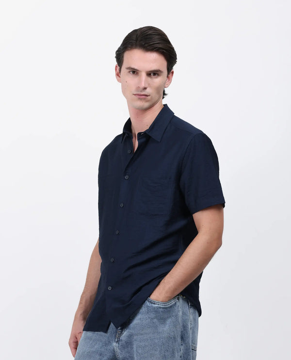 Rare Rabbit Men Torit Pastel Navy Viscose Blend Half Sleeve Spread Collar Button Closure Plain Shirt