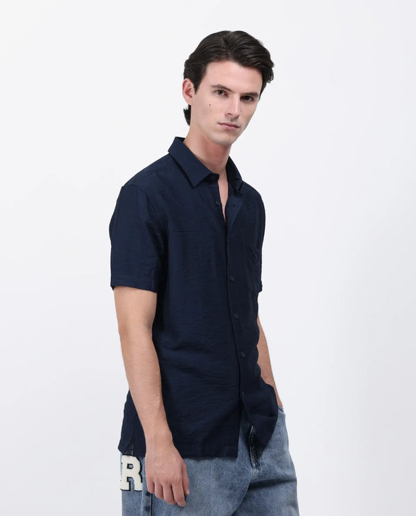 Rare Rabbit Men Torit Pastel Navy Viscose Blend Half Sleeve Spread Collar Button Closure Plain Shirt