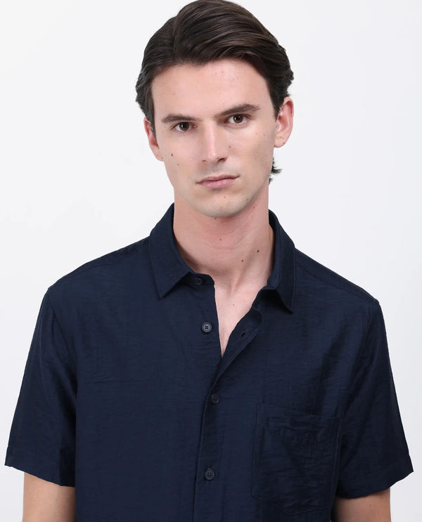 Rare Rabbit Men Torit Pastel Navy Viscose Blend Half Sleeve Spread Collar Button Closure Plain Shirt