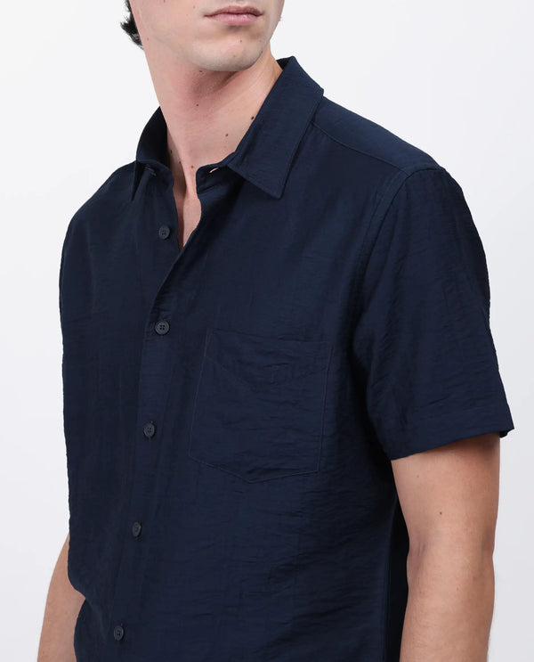 Rare Rabbit Men Torit Pastel Navy Viscose Blend Half Sleeve Spread Collar Button Closure Plain Shirt