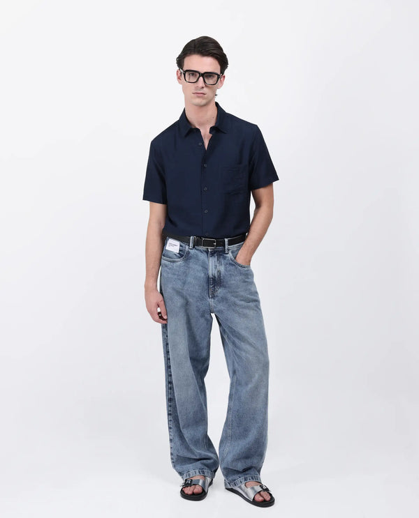 Rare Rabbit Men Torit Pastel Navy Viscose Blend Half Sleeve Spread Collar Button Closure Plain Shirt