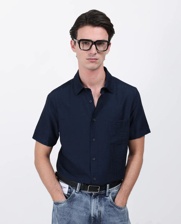 Rare Rabbit Men Torit Pastel Navy Viscose Blend Half Sleeve Spread Collar Button Closure Plain Shirt