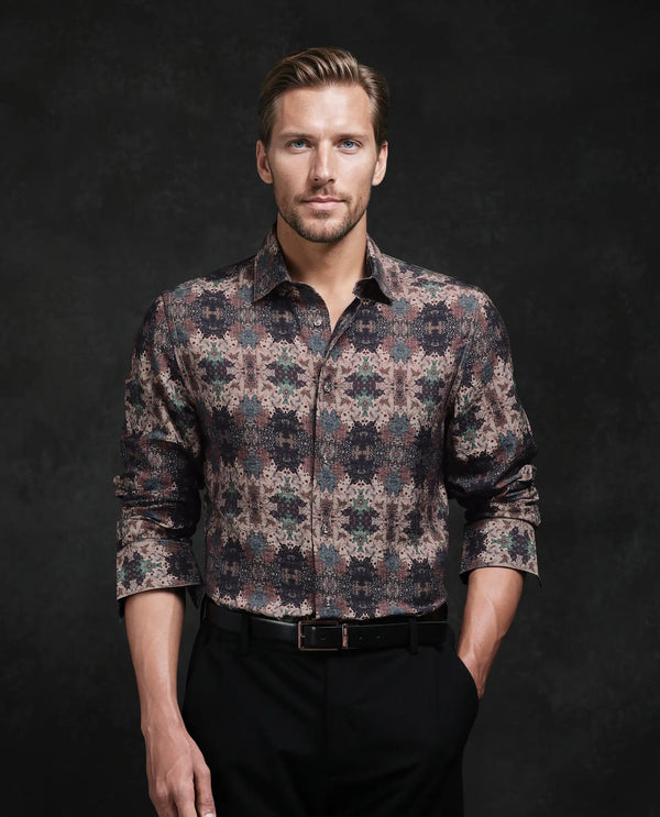 Rare Rabbit Men Toro Brown Viscose Blend Fabric Full Sleeve Spread Collar Button Abstract Print Shirt