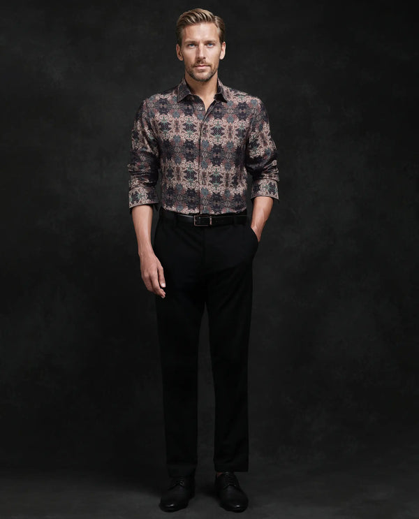 Rare Rabbit Men Toro Brown Viscose Blend Fabric Full Sleeve Spread Collar Button Abstract Print Shirt