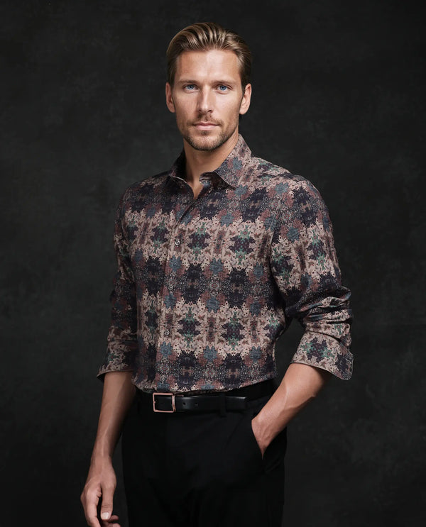 Rare Rabbit Men Toro Brown Viscose Blend Fabric Full Sleeve Spread Collar Button Abstract Print Shirt