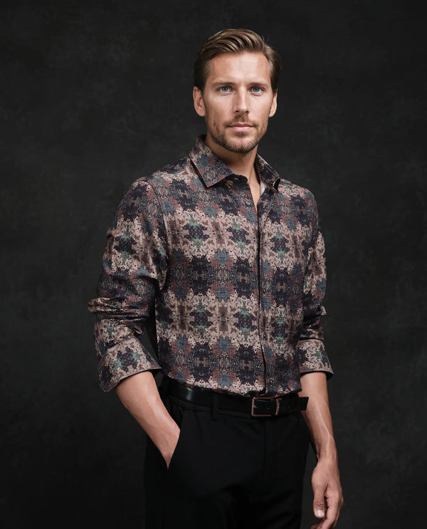 Rare Rabbit Men Toro Brown Viscose Blend Fabric Full Sleeve Spread Collar Button Abstract Print Shirt