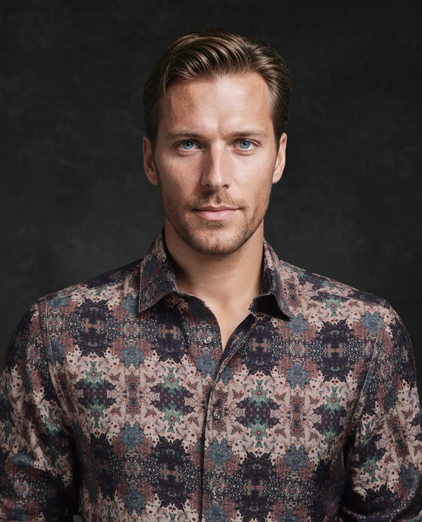 Rare Rabbit Men Toro Brown Viscose Blend Fabric Full Sleeve Spread Collar Button Abstract Print Shirt