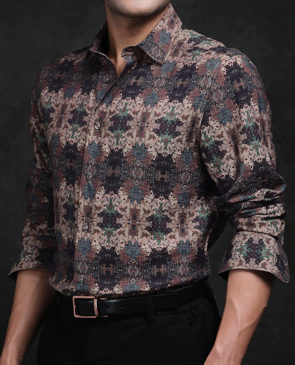 Rare Rabbit Men Toro Brown Viscose Blend Fabric Full Sleeve Spread Collar Button Abstract Print Shirt