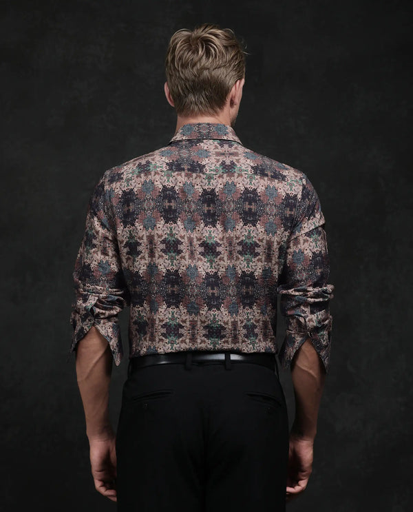 Rare Rabbit Men Toro Brown Viscose Blend Fabric Full Sleeve Spread Collar Button Abstract Print Shirt