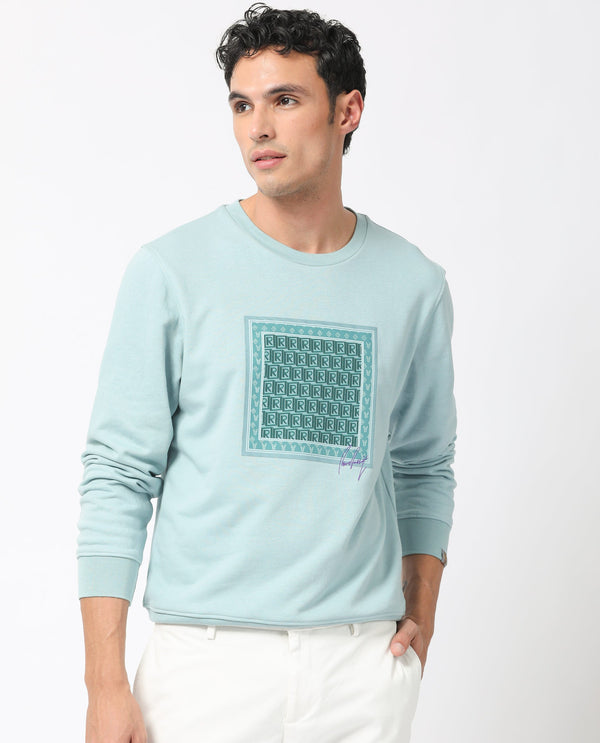 Rare Rabbit Men's Totem Light Turq Cotton Polyester Terry Fabric Full Sleeves Logo Graphic Print Knitted Sweatshirt