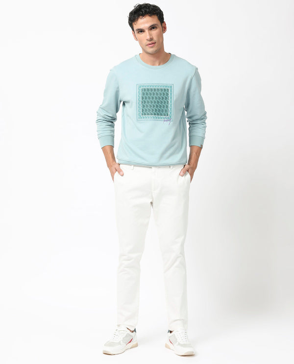 Rare Rabbit Men's Totem Light Turq Cotton Polyester Terry Fabric Full Sleeves Logo Graphic Print Knitted Sweatshirt