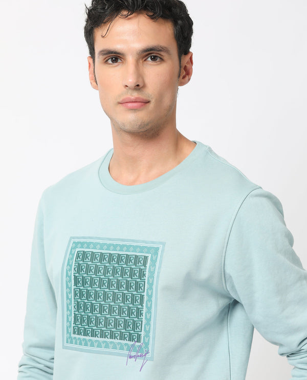 Rare Rabbit Men's Totem Light Turq Cotton Polyester Terry Fabric Full Sleeves Logo Graphic Print Knitted Sweatshirt