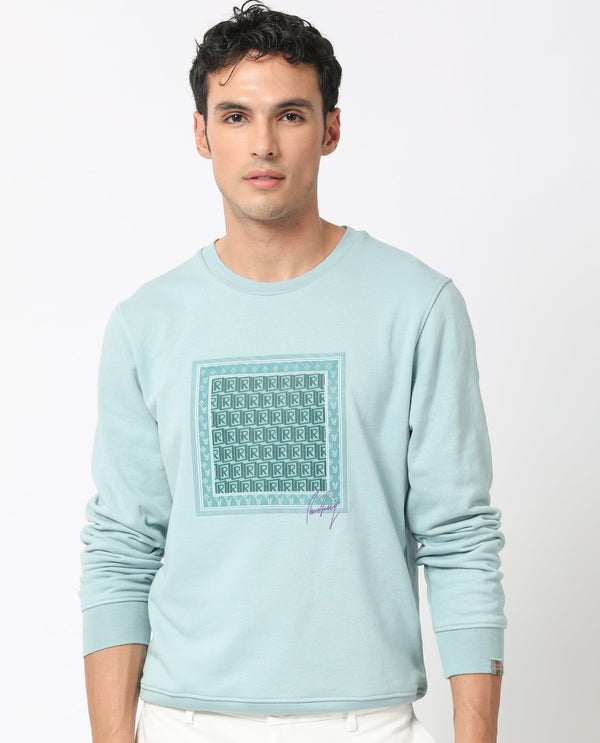 Rare Rabbit Men's Totem Light Turq Cotton Polyester Terry Fabric Full Sleeves Logo Graphic Print Knitted Sweatshirt