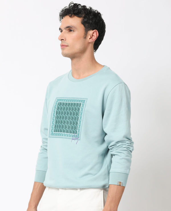 Rare Rabbit Men's Totem Light Turq Cotton Polyester Terry Fabric Full Sleeves Logo Graphic Print Knitted Sweatshirt
