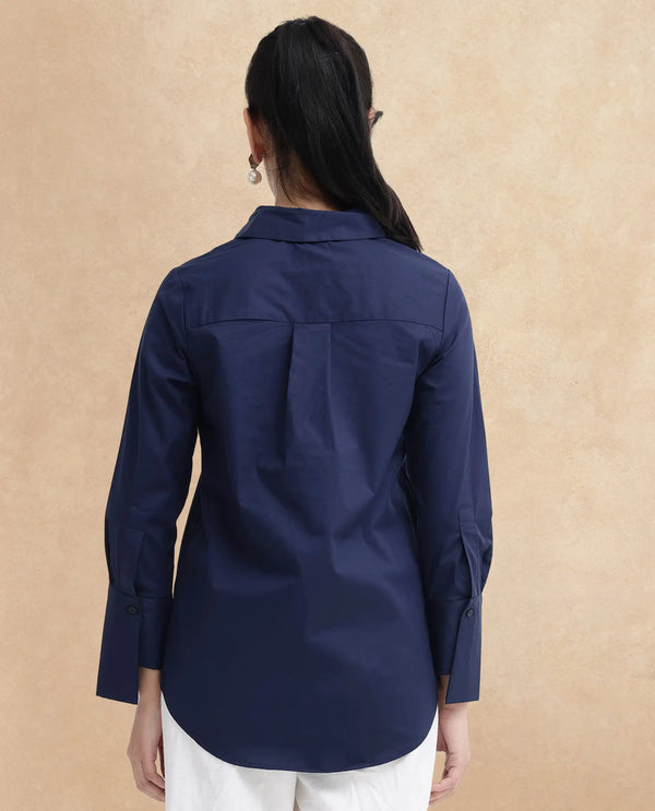 Rareism Women Tottori Dark Blue Cotton Fabric Full Sleeve Collared Neck   Solid Shirt