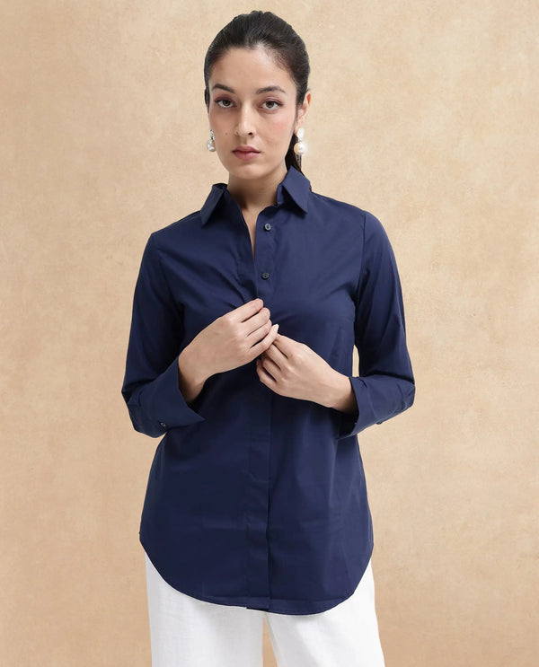 Rareism Women Tottori Dark Blue Cotton Fabric Full Sleeve Collared Neck   Solid Shirt
