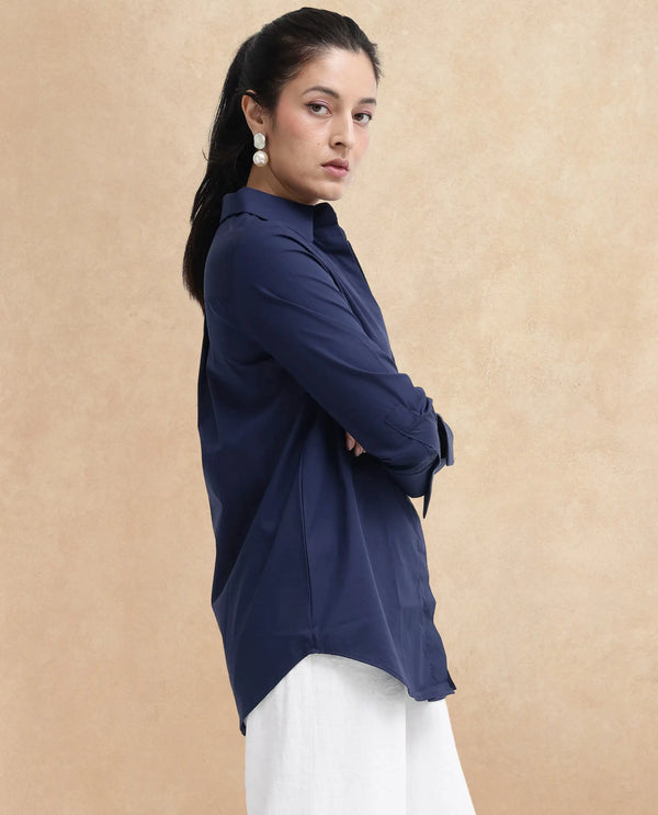 Rareism Women Tottori Dark Blue Cotton Fabric Full Sleeve Collared Neck   Solid Shirt