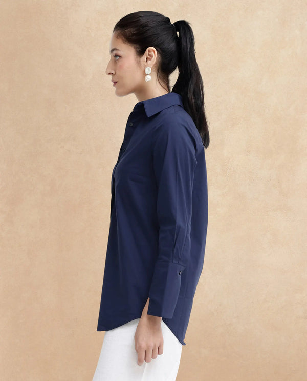 Rareism Women Tottori Dark Blue Cotton Fabric Full Sleeve Collared Neck   Solid Shirt