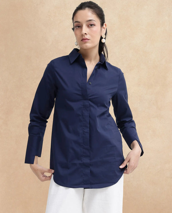Rareism Women Tottori Dark Blue Cotton Fabric Full Sleeve Collared Neck   Solid Shirt