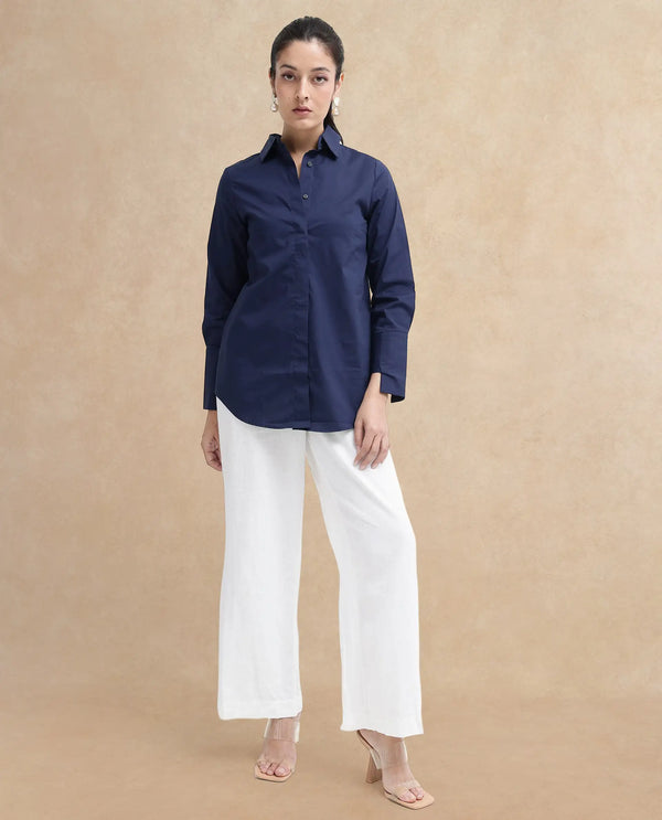 Rareism Women Tottori Dark Blue Cotton Fabric Full Sleeve Collared Neck   Solid Shirt