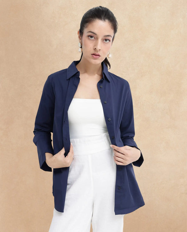 Rareism Women Tottori Dark Blue Cotton Fabric Full Sleeve Collared Neck   Solid Shirt