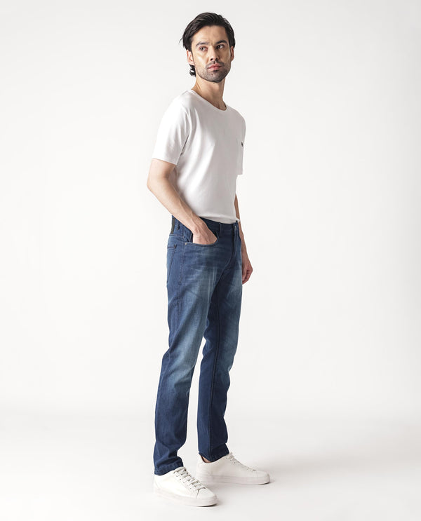 Rare Rabbit Men's Toucil Dark Blue Mid Wash Mid-Rise Slim Fit Jeans