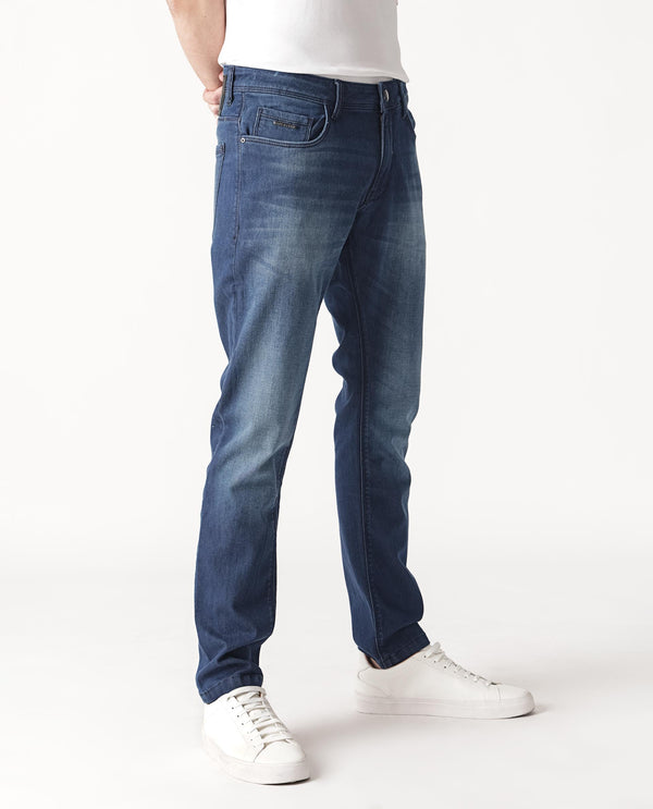Rare Rabbit Men's Toucil Dark Blue Mid Wash Mid-Rise Slim Fit Jeans
