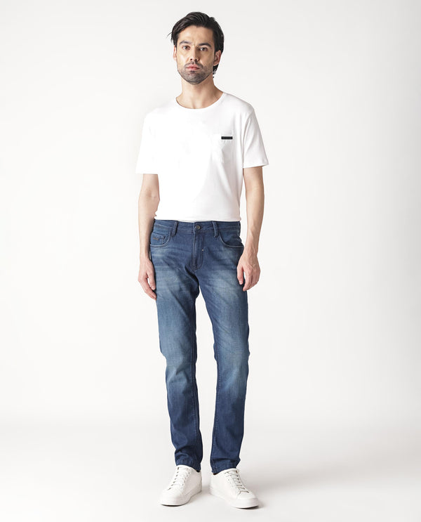 Rare Rabbit Men's Toucil Dark Blue Mid Wash Mid-Rise Slim Fit Jeans