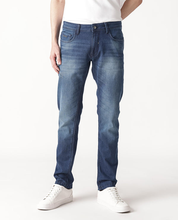 Rare Rabbit Men's Toucil Dark Blue Mid Wash Mid-Rise Slim Fit Jeans