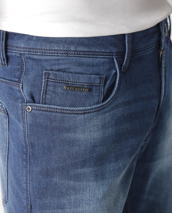 Rare Rabbit Men's Toucil Dark Blue Mid Wash Mid-Rise Slim Fit Jeans