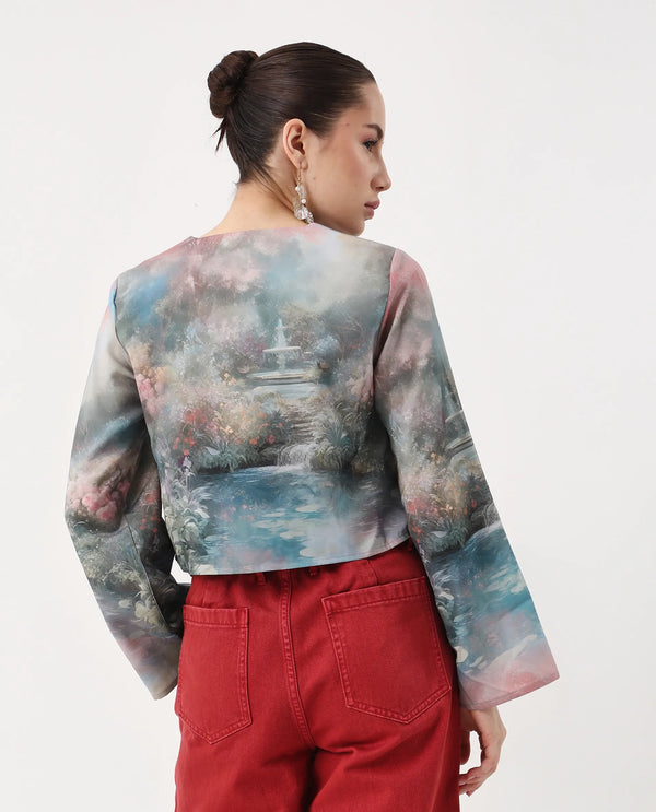 Rareism Women Toulon Multi Satin Bell Sleeves V-Neck Cropped Abstract Print Top