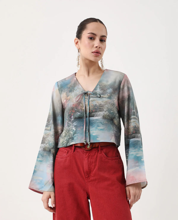 Rareism Women Toulon Multi Satin Bell Sleeves V-Neck Cropped Abstract Print Top