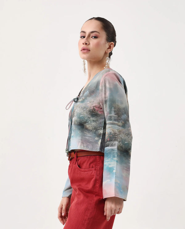 Rareism Women Toulon Multi Satin Bell Sleeves V-Neck Cropped Abstract Print Top