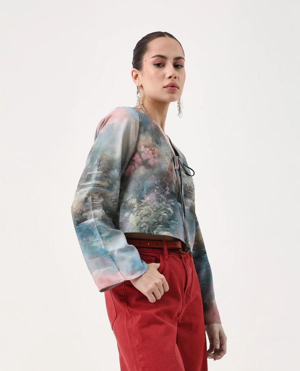 Rareism Women Toulon Multi Satin Bell Sleeves V-Neck Cropped Abstract Print Top
