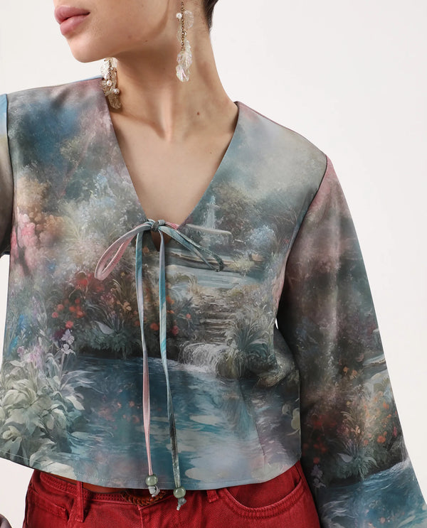 Rareism Women Toulon Multi Satin Bell Sleeves V-Neck Cropped Abstract Print Top