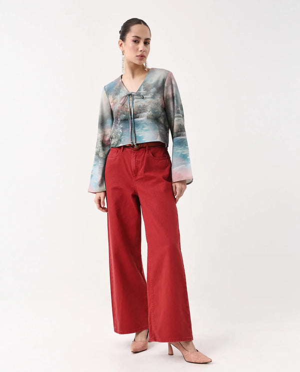 Rareism Women Toulon Multi Satin Bell Sleeves V-Neck Cropped Abstract Print Top