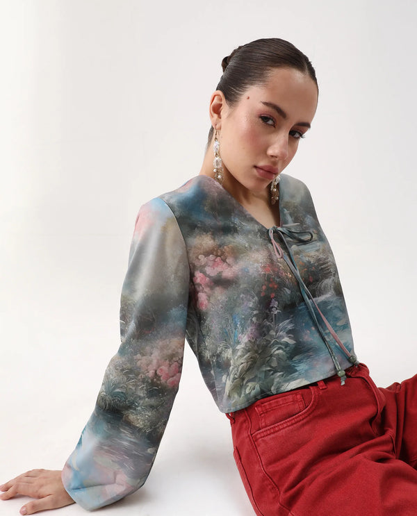 Rareism Women Toulon Multi Satin Bell Sleeves V-Neck Cropped Abstract Print Top