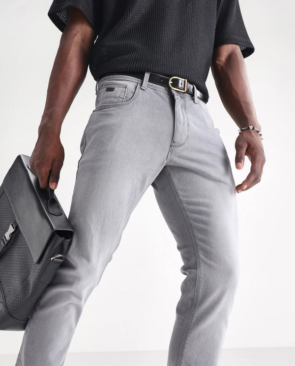 Rare Rabbit Men's Toulouse Light Grey Light Wash Mid-Rise Slim Fit Jeans