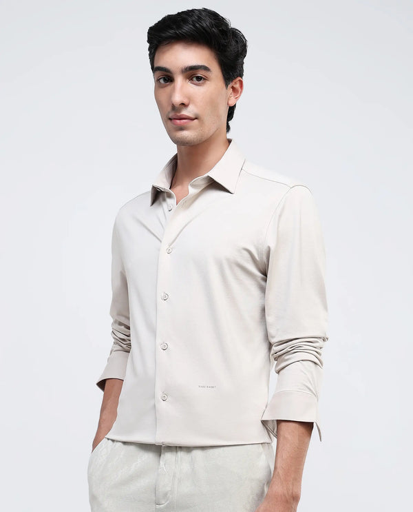 Rare Rabbit Men Tour Light Beige Cotton Polyester Elastane Fabric Full Sleeve Collared Collar Button Closure Plain Knitted Formal Shirt