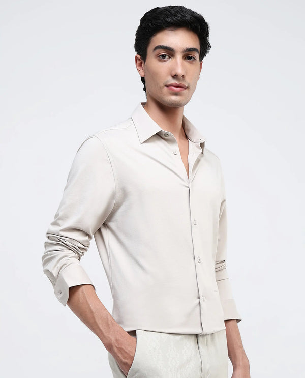 Rare Rabbit Men Tour Light Beige Cotton Polyester Elastane Fabric Full Sleeve Collared Collar Button Closure Plain Knitted Formal Shirt