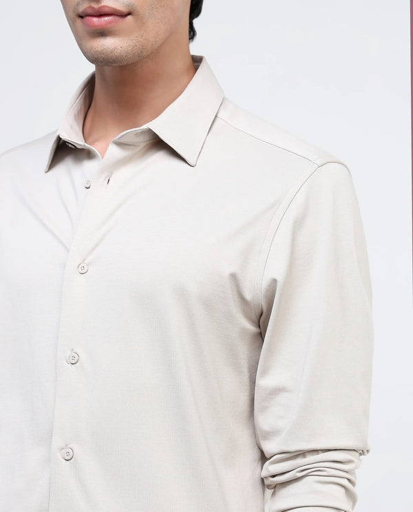 Rare Rabbit Men Tour Light Beige Cotton Polyester Elastane Fabric Full Sleeve Collared Collar Button Closure Plain Knitted Formal Shirt