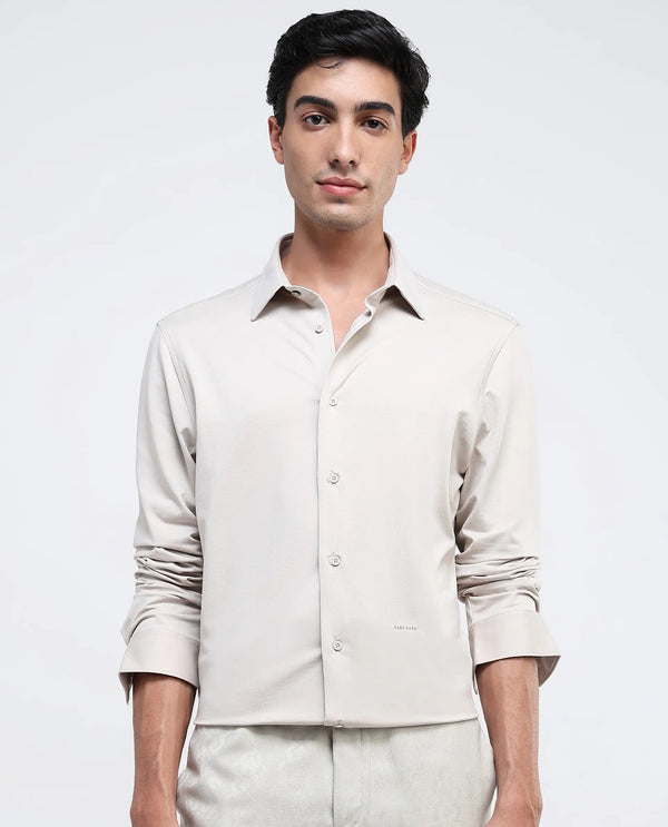 Rare Rabbit Men Tour Light Beige Cotton Polyester Elastane Fabric Full Sleeve Collared Collar Button Closure Plain Knitted Formal Shirt