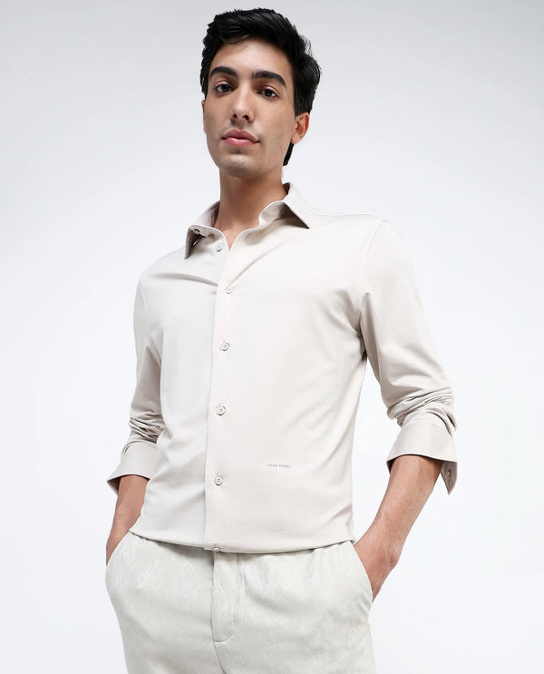 Rare Rabbit Men Tour Light Beige Cotton Polyester Elastane Fabric Full Sleeve Collared Collar Button Closure Plain Knitted Formal Shirt
